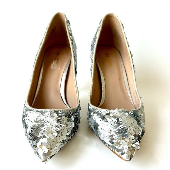 Aldo Uloaviel Silver Sequin Pointed Toe Stiletto High Heel Pumps Flip 37 / 6.5 - Picture 4 of 9